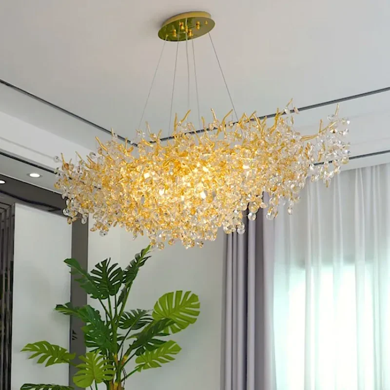 luxo acessivel lustre dourado para sala de jantar interior sala e quarto lustre de cristal brilhante 01