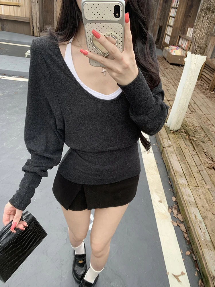 MosesQueen Queen Moses Long Sleeve U-Neck Slim Fit T-Shirt Waist Cinched Patchwork Top for Women Autumn New Style Hot Girl