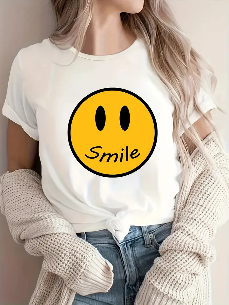 Smile face letter printed T-shirt Fun hand drawn cute cartoon women's T-shirt Fashion casual summer top 2024 New Harajuku