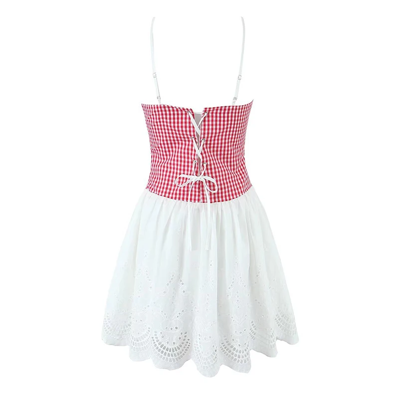 YENKYE النمط الفرنسي المرقعة منقوشة مثير حبال فساتين صغيرة النساء منخفضة الخصر ألف خط عطلة فستان صيفي جلد رداء قصير