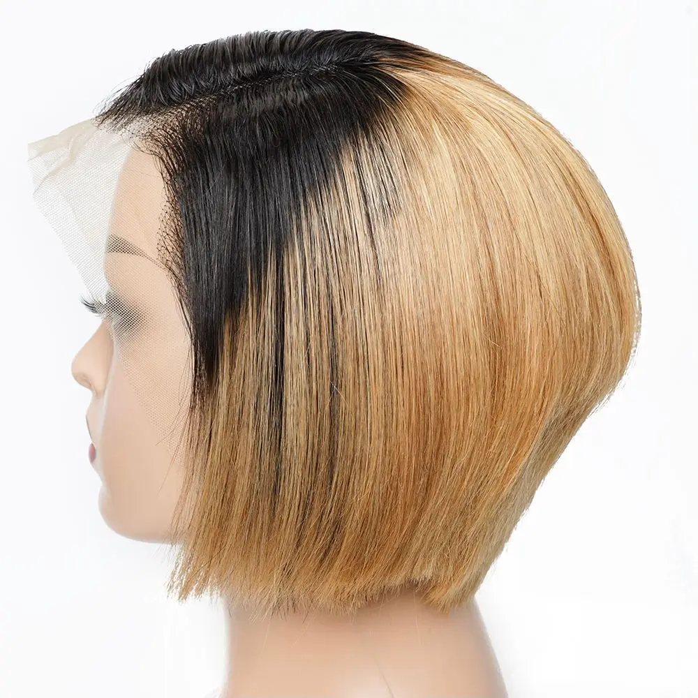 

Short Ombre Honey Blonde Pixie Cut Bob Wig PrePlucked Brazilian Straight 13x4 Lace Frontal Wig For Black Women 100% Real Picture