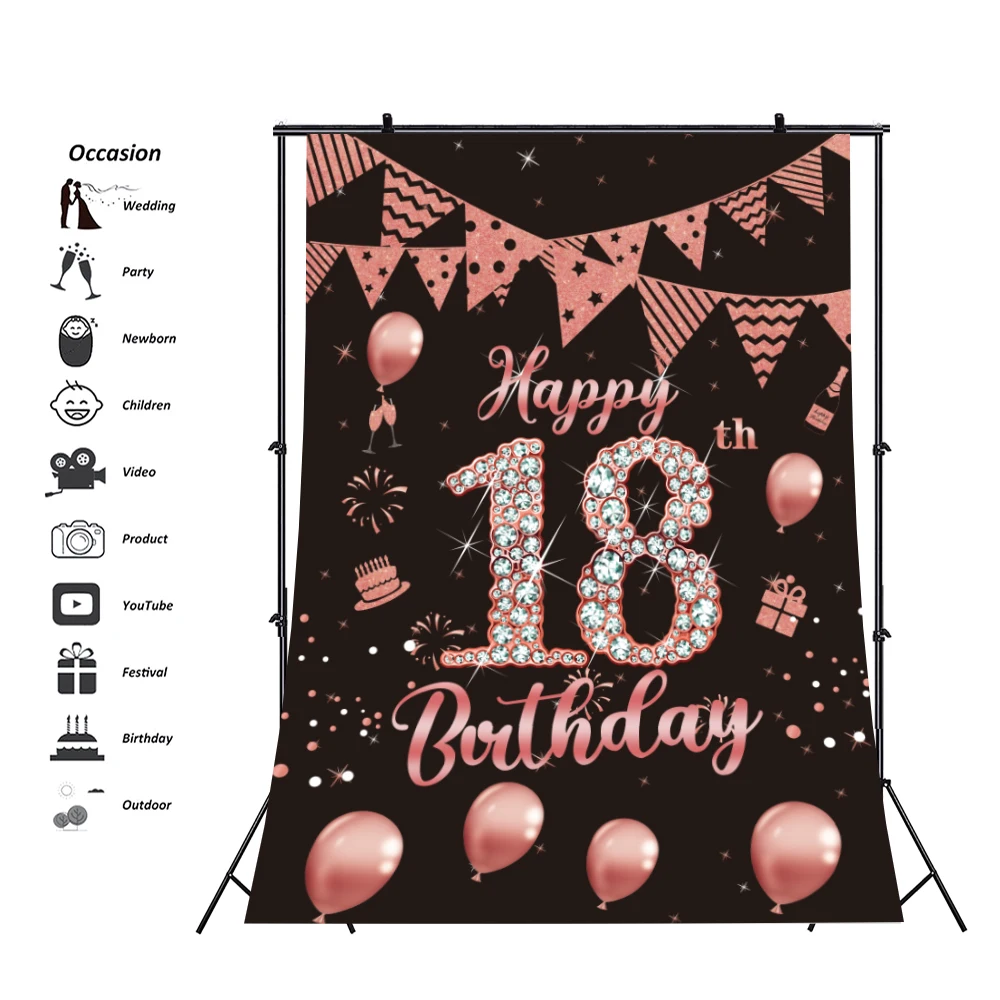 

18 Years Old Backdrop Banner 18th Birthday Party Door Decorations Girl Boy Black and Pink Balloons Photo Background Vertical