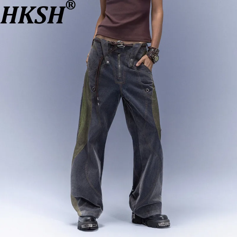 HKSH Spring Autumn Winter Men's Tide Dark Chic Jeans Flocked Heavy Washed High Street Wide-Leg Cargo Pants Punk Vibe Y2K HK27420