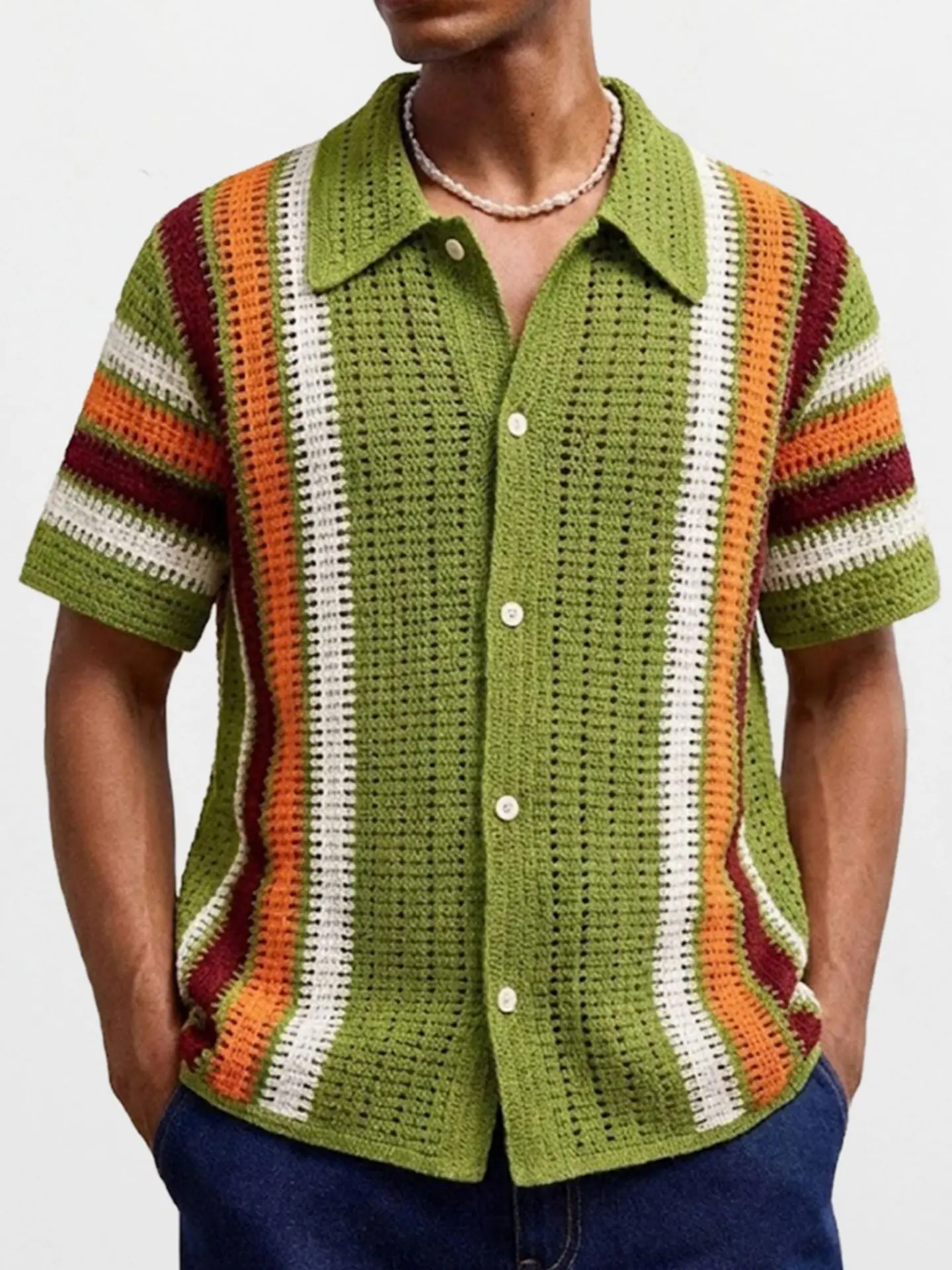 

American Sle Men's Knitted Hollow out Hook Pattern T-irt ort Sve Open Cardigan Breathable Lightweight Summer irt