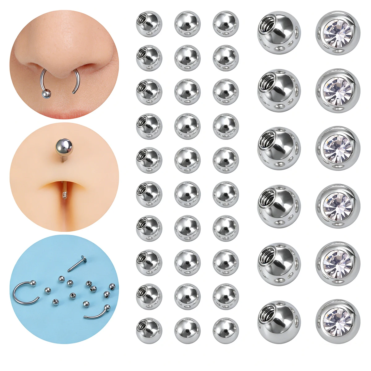 10/50pcs Stainless Steel Replacement Piercing Balls with CZ Screw on Balls for Nose Lip Ear Tongue Piercing Jewelry Accessories