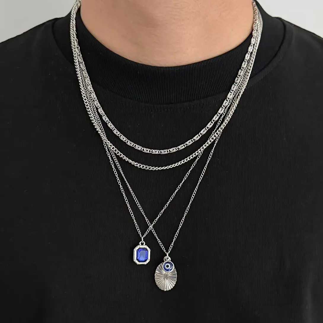 Ingemark 4 Pcs/Set Layered Stacked Sliver Color Chain Choker Necklace for Men Hip Hop Blue Rhinestone Geometry Pendant Necklaces