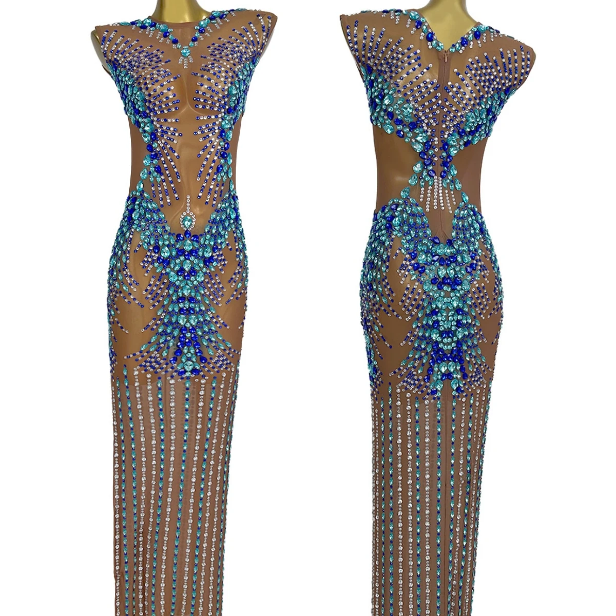 

Designer Brown See Through Mesh Evening Gown Glamorous Red Carpet Sparkly Rhinestone Crystals Bodycon Long Dresses Lantianyise