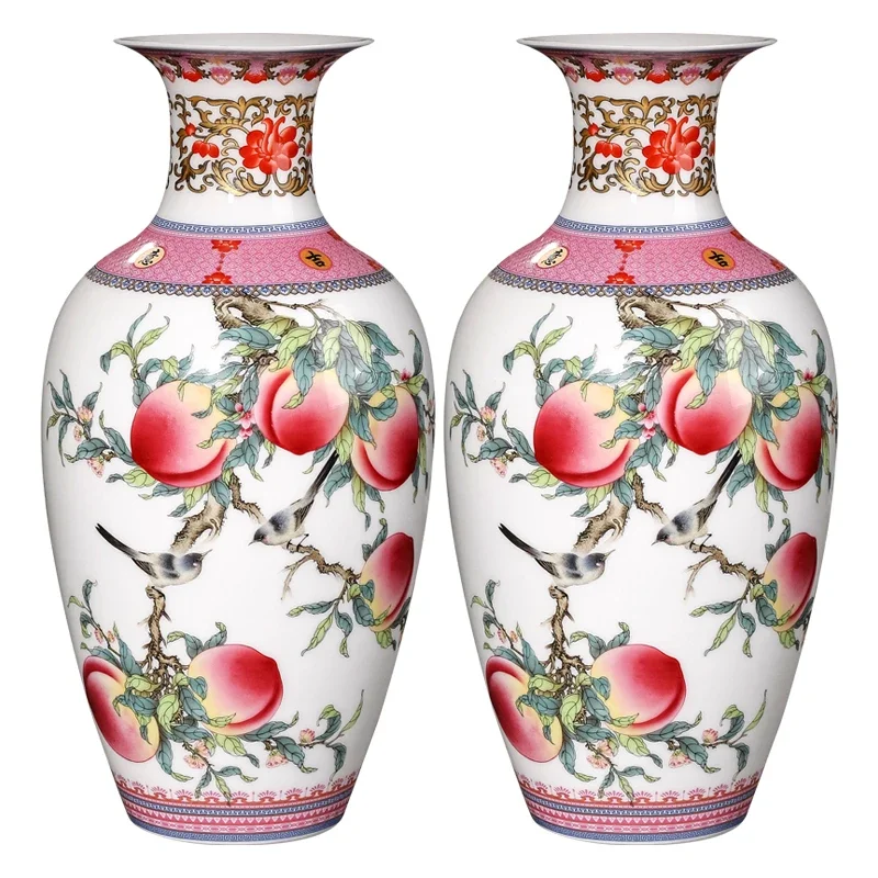 Jingdezhen Ceramics Famille Rose Peach Pattern Vase Ornaments Chinese Living Room Wine Cabinet Antique Vase Home Decoration