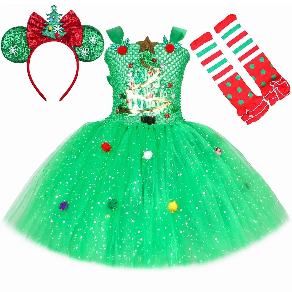 Kostum pohon Natal hijau Glitter, Gaun Tutu pesta Natal mewah anak perempuan, pakaian balita, hadiah pakaian Elf Natal
