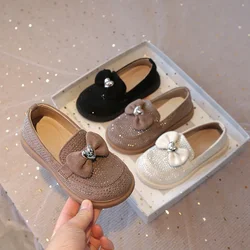 Girls Casual Shoes for Medium Big Kids Fashion Bow-know with Heart Princess Sweet Bling Rivets Sweet Children Loafers Slip-on