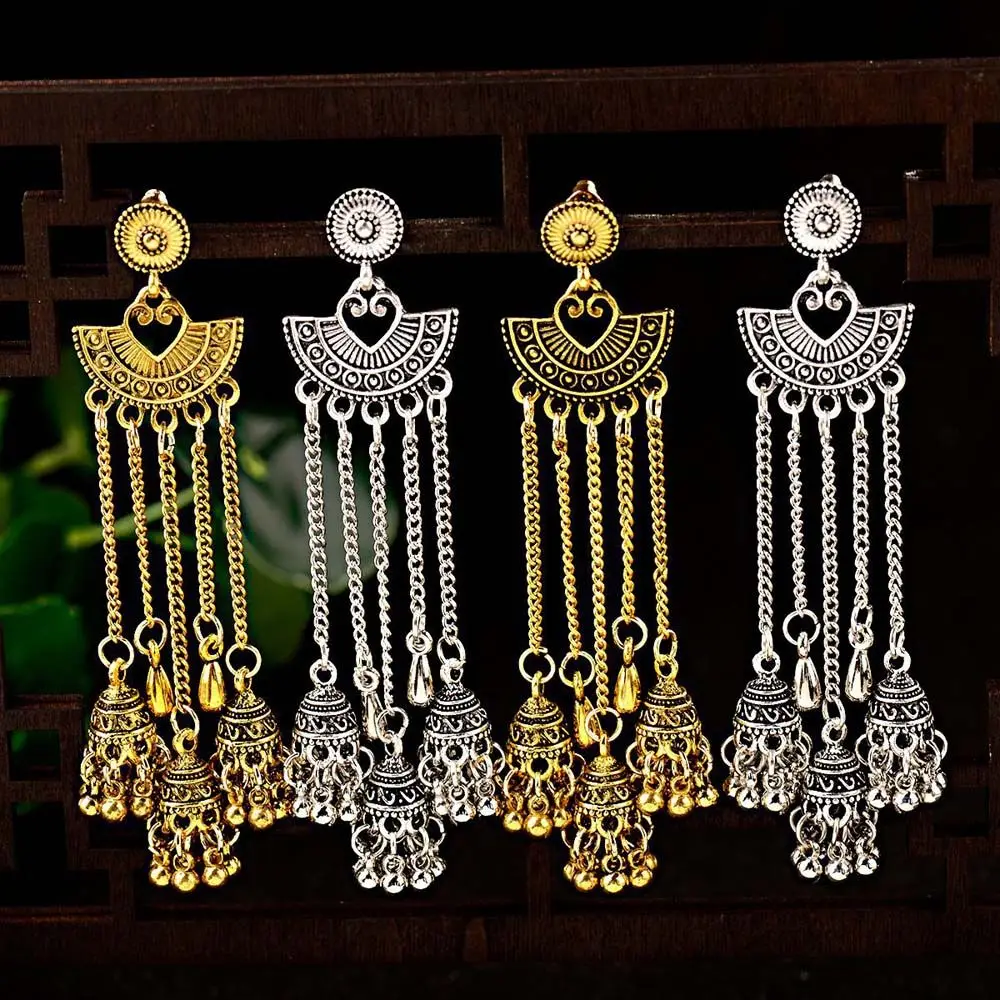 Elegant Gold Color Boho Metal Gypsy Indian Jhumka Carved Totem Dangle Earring Jewelry Studs Earrings Drop Earrings