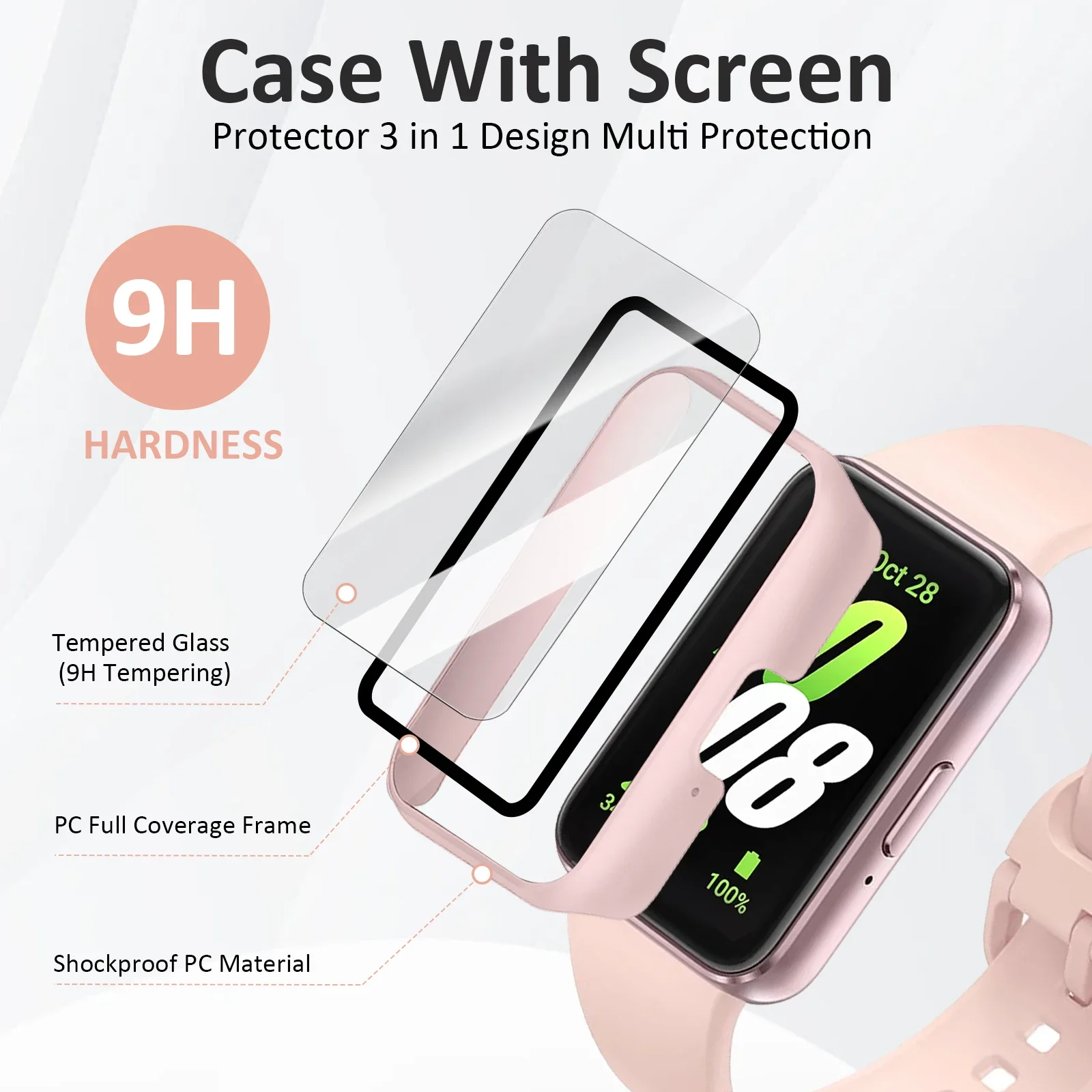 غطاء حماية للشاشة + حزام سيليكون لهاتف سامسونج جالاكسي فيت 3 باند حافظة من الزجاج المقسى لهاتف سامسونج جالاكسي فيت 3