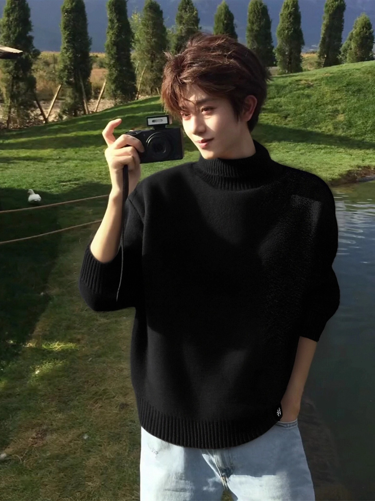 

Men's Thiened Fce Lined High Collar Sweater Bla Turn down Collar Knitted Warm Top for Autumn Winter Casual Wear