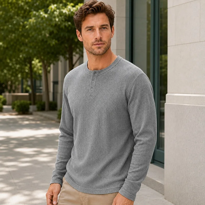 Men's Simple Fashion Long‑Sleeve Henley Shirt, Casual Versatile Comfortable Top, Basic Daily Solid‑Color Knit Long‑Sleeve Top