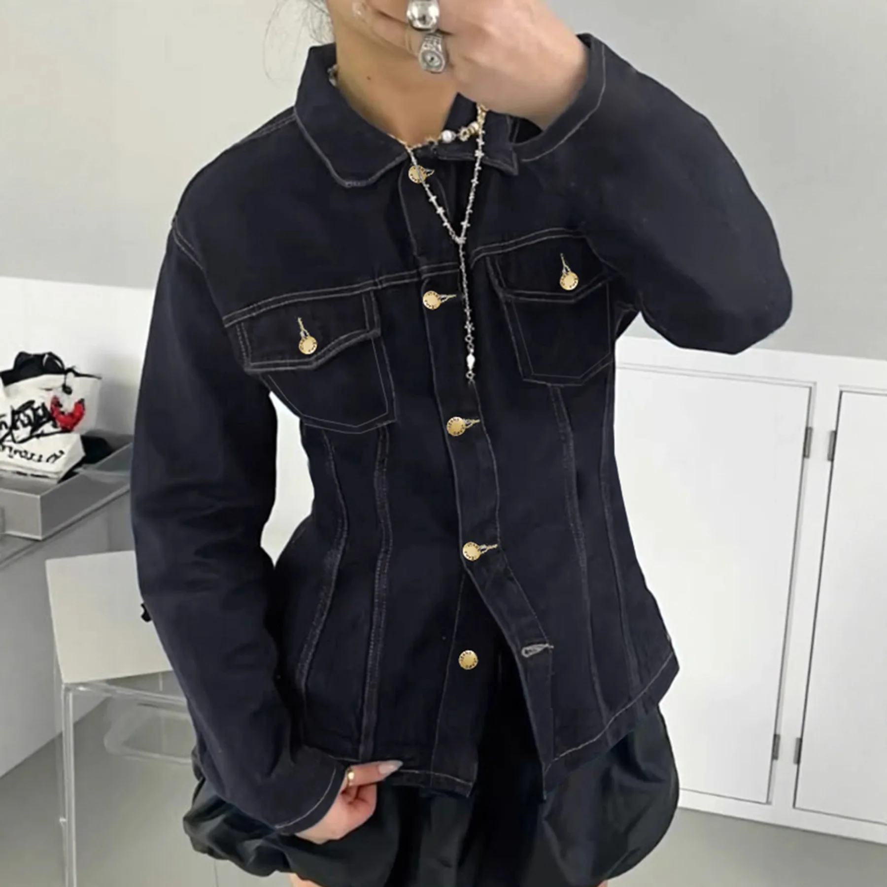 

Женская уличная джинсовая куртка INS-осень-зима с длинными рукавами, облегающее укороченное пальто с разрезом на талии и карманами на пуговицах для острое повседневного использования