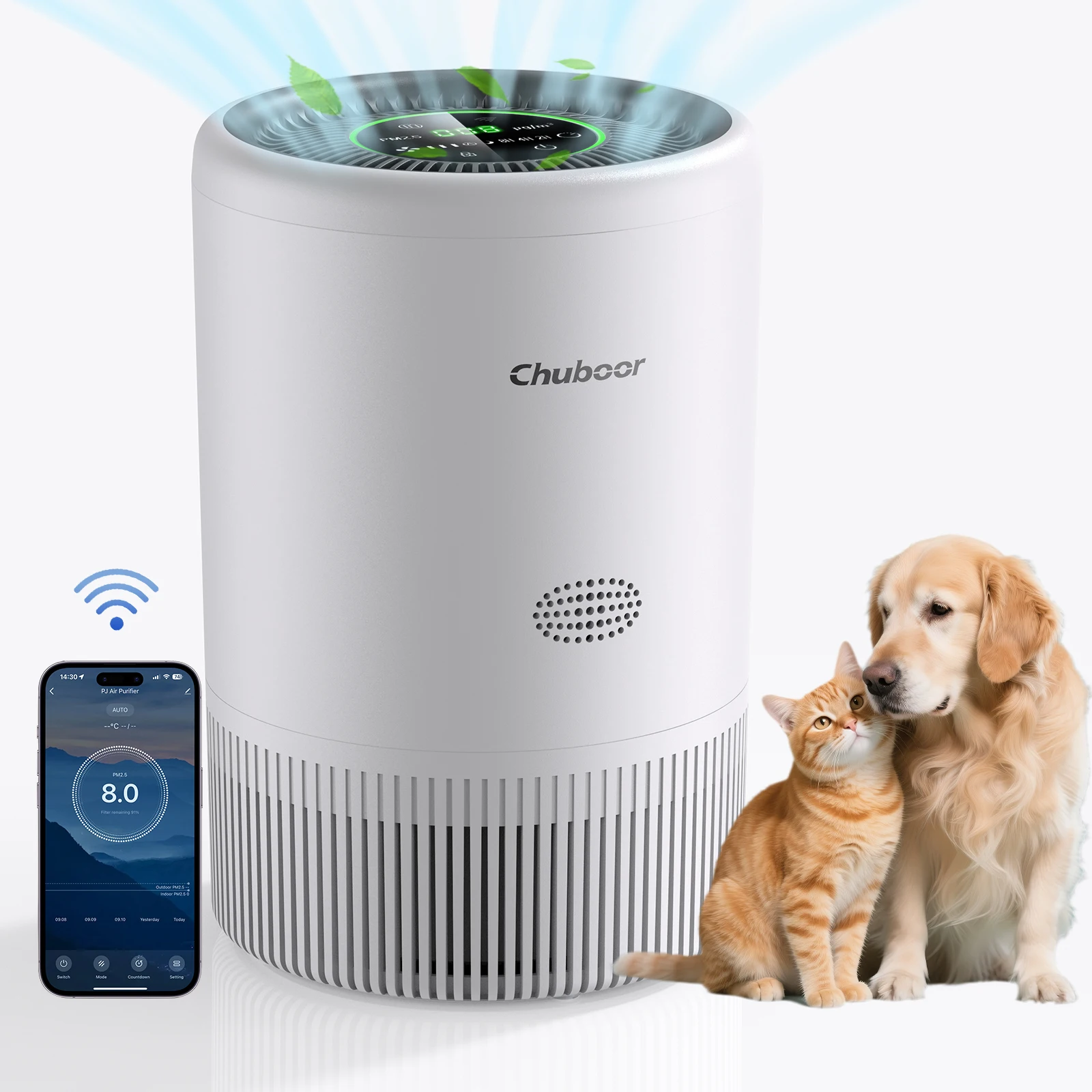 Purificatore d'aria Chuboor - Filtro HEPA H13, rilevamento PM2.5, rimuove polvere, fumo, peli di animali domestici e odori, filtro lavabile, ultra silenzioso 23dB, purificatore d'aria per casa, camera da letto e ufficio