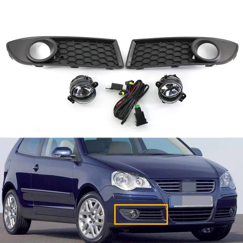 

Car Front Fog Light Grill Cover Lower Bumper Grille With Fog Lamps For VW Polo 2006 2007 2008 2009 MK4 9N3 6Q0853666G 6Q0853665E