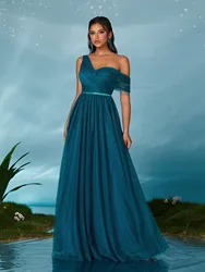 One shoulder flanged sequin belt netting bridesmaid dress