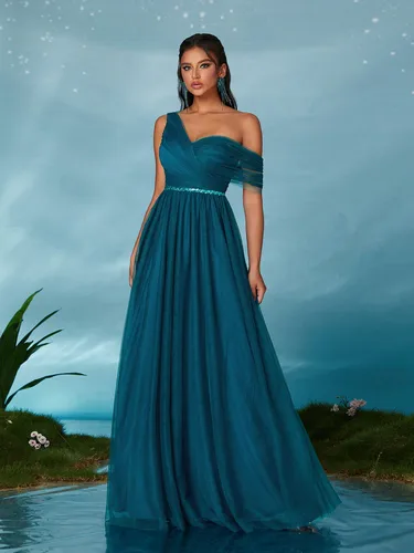 Vestido de dama de honor de red con cinturón de lentejuelas con bridas y un hombro