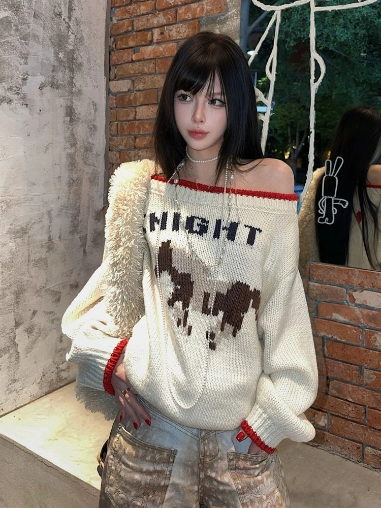 

2026 Harajuku Cartoon Jacquard Knitwear Sweaters Women Slash Neck Patchwork Jumpers Y2k Aesthetic Vintage Loose Grunge Pullovers