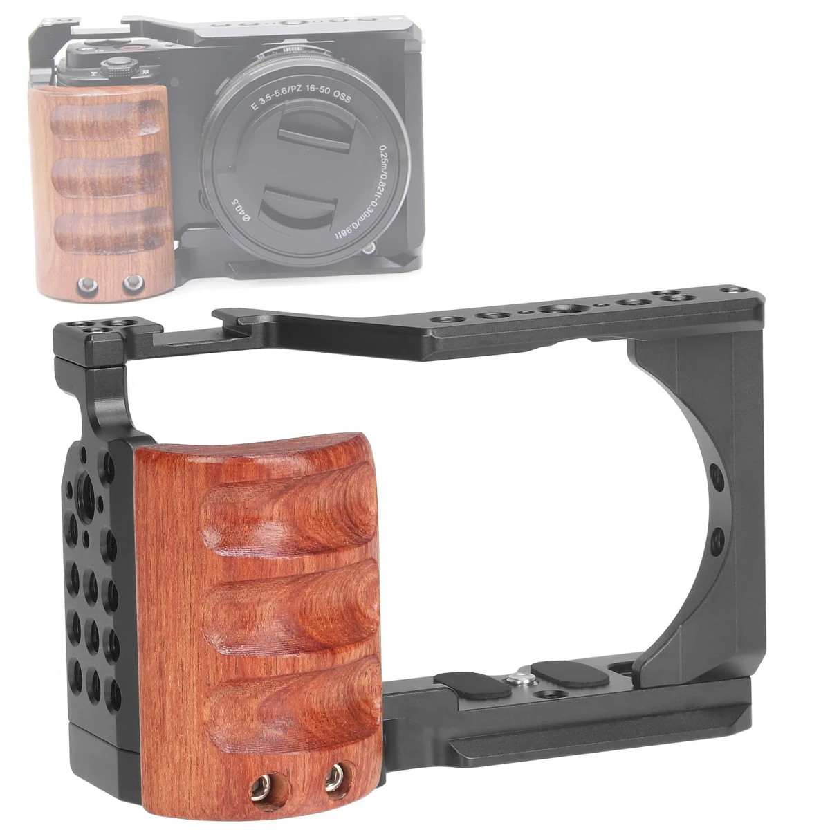 

Алюминиевый кейдж для камеры Sony ZV-E10 с деревянной боковой рукояткой, удлинитель для видеосъемки в формате Full Frame, стабилизатор с холодным креплением