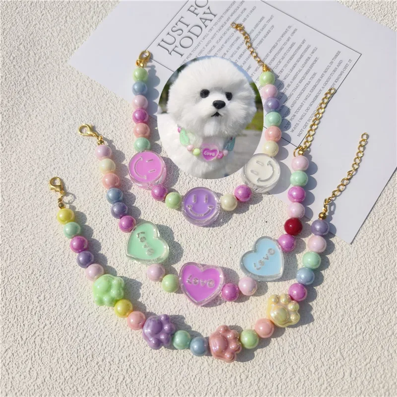 Adjustable Pet Collar Heart Paw Shape Multi-color Fashion Dogs Collar Colorful Pearls Necklace Pet Grooming Accessory Chihuahua