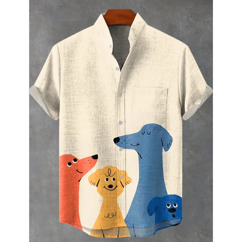 Men's New Cartoon Puppy Elegant Artistic Pattern Linen Fabric Short Sleeved shirt, Summer Casual Top Suitable For Vacation