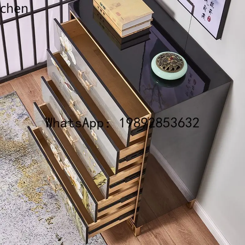 YFY  Painted Solid Wood Living Room Five-Drawer Cabinet American Silver Foil Storage Cabinet Bedroom Drawer Decorative Cabinet