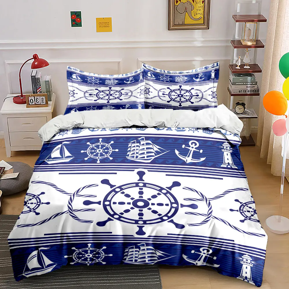 Ocean and nautical elements Printed Duvet Cover Set1 Duvet Cover+2 PillowcaseMulti Size Bedroom Bedding Decor Luxury Gift