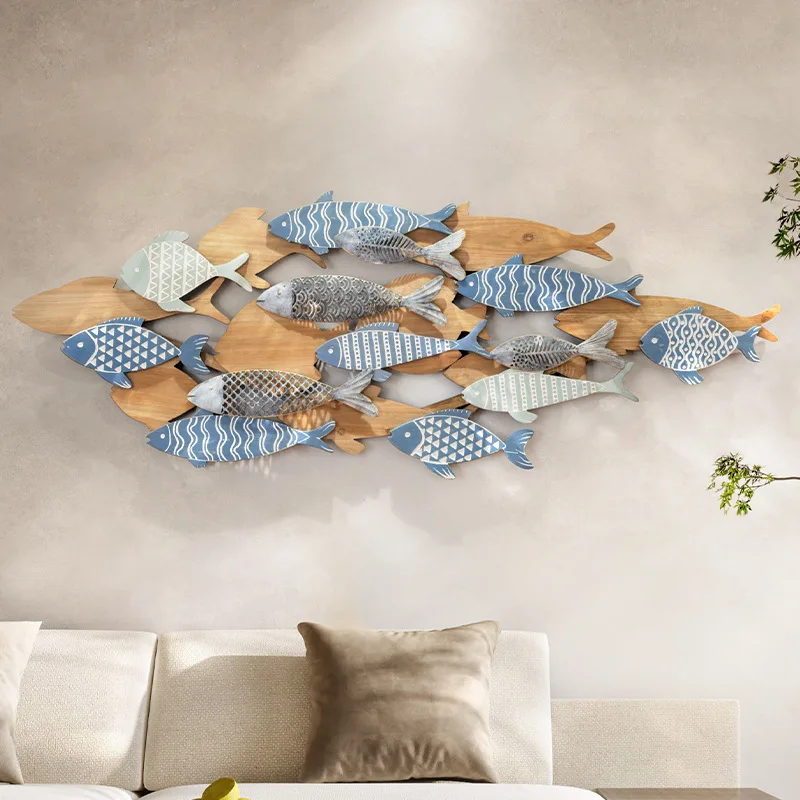 

Nordic log living room sofa background wall decorative pendant wabi sandy wind creative fish school bedroom dining room