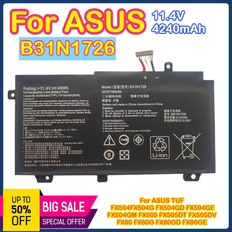 

B31N1726 Подходит для ноутбуков ASUS B31N1726 FX80GE/GM FX86FE/FM FX504 FX505