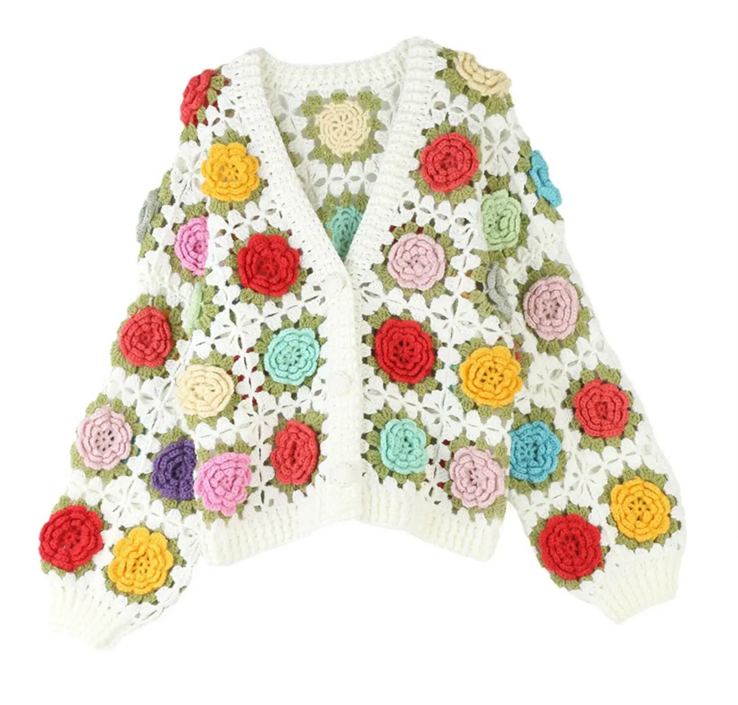 Autumn BOHO Hand Crochet 3D Flower Ball Cardigan Sweet Woman V neck Open Button Full Lantern Sleeve Knit Sweater Knitwear Jumper