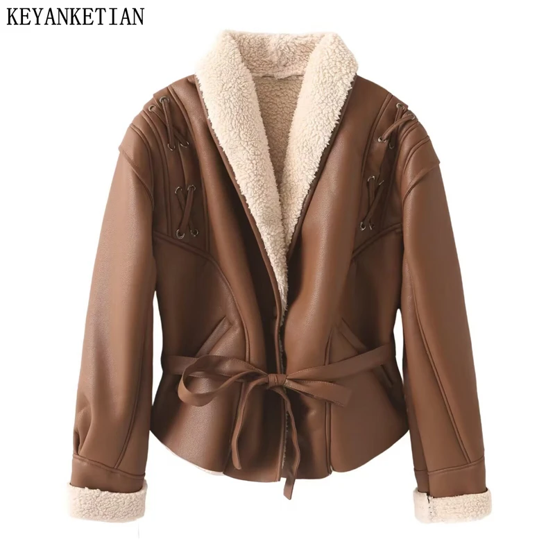 KEYANKETIAN Winter New Women Clothing Retro Loose Fleece Lining Shoulder Strap With Rope Tie And Fleece Leather Jacket Women