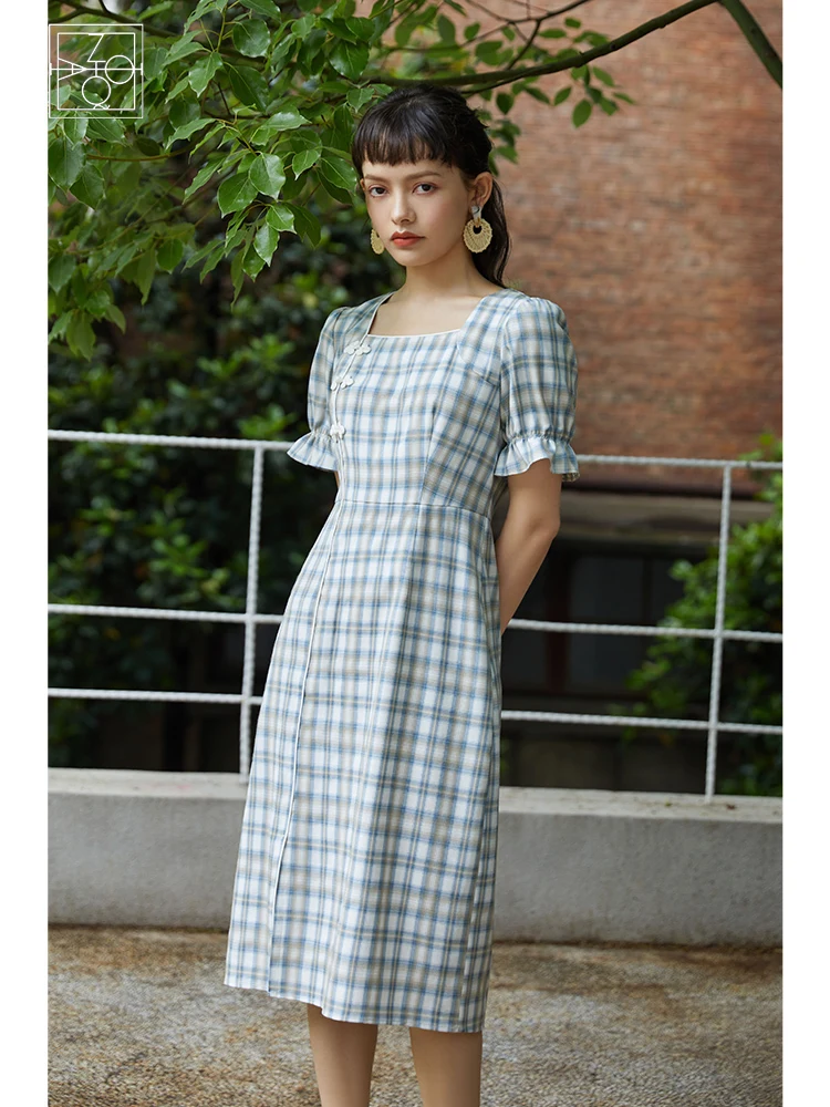 

ZIQIAO Casual Dress Summer 2021 Vintage Dress Cheongsam Dress Blue Gray Checkered Square Neck Puff Sleeve Dress Woman Dress