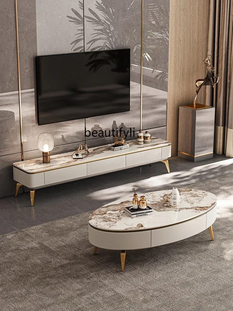 

E1001 ss Modern Light Luxury Stone Plate Coffee Table TV Cabinet Combination Living Room Nordic Home Rectangular Tea Table