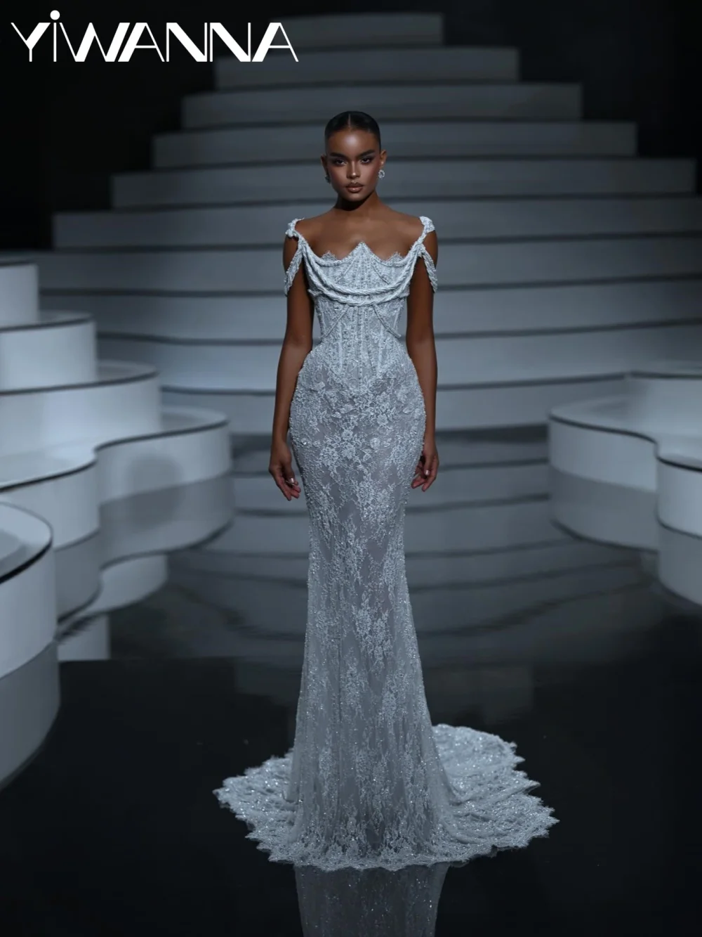 White Dreamy Embroidery Lace Wedding Dress Stunning Off Shoulder Mermaid Bridal Gown Customized Floor-length Dresses For Bride