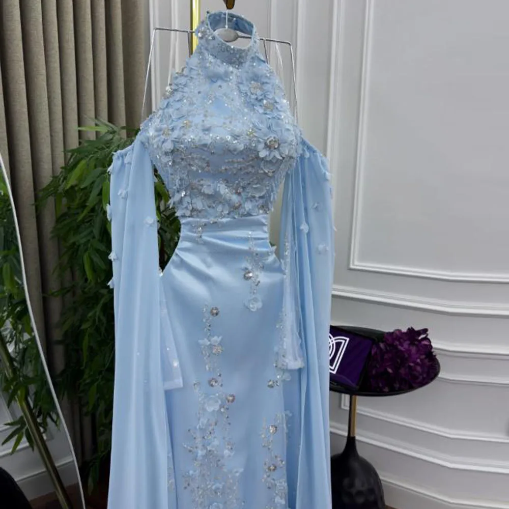 Vestidos de Noche de encaje Floral personalizados, vestidos de gala con manga tipo capa y cuello Halter, vestido de invitados de boda azul sirena con hombros descubiertos