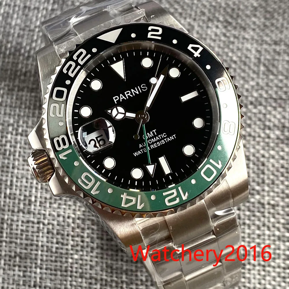 

40mm PARNIS Left Crown Watch For Men Green Black Coffee Bezel Rotating Two Tones Bracelet Mingzhu 3804 GMT Watch Date Display