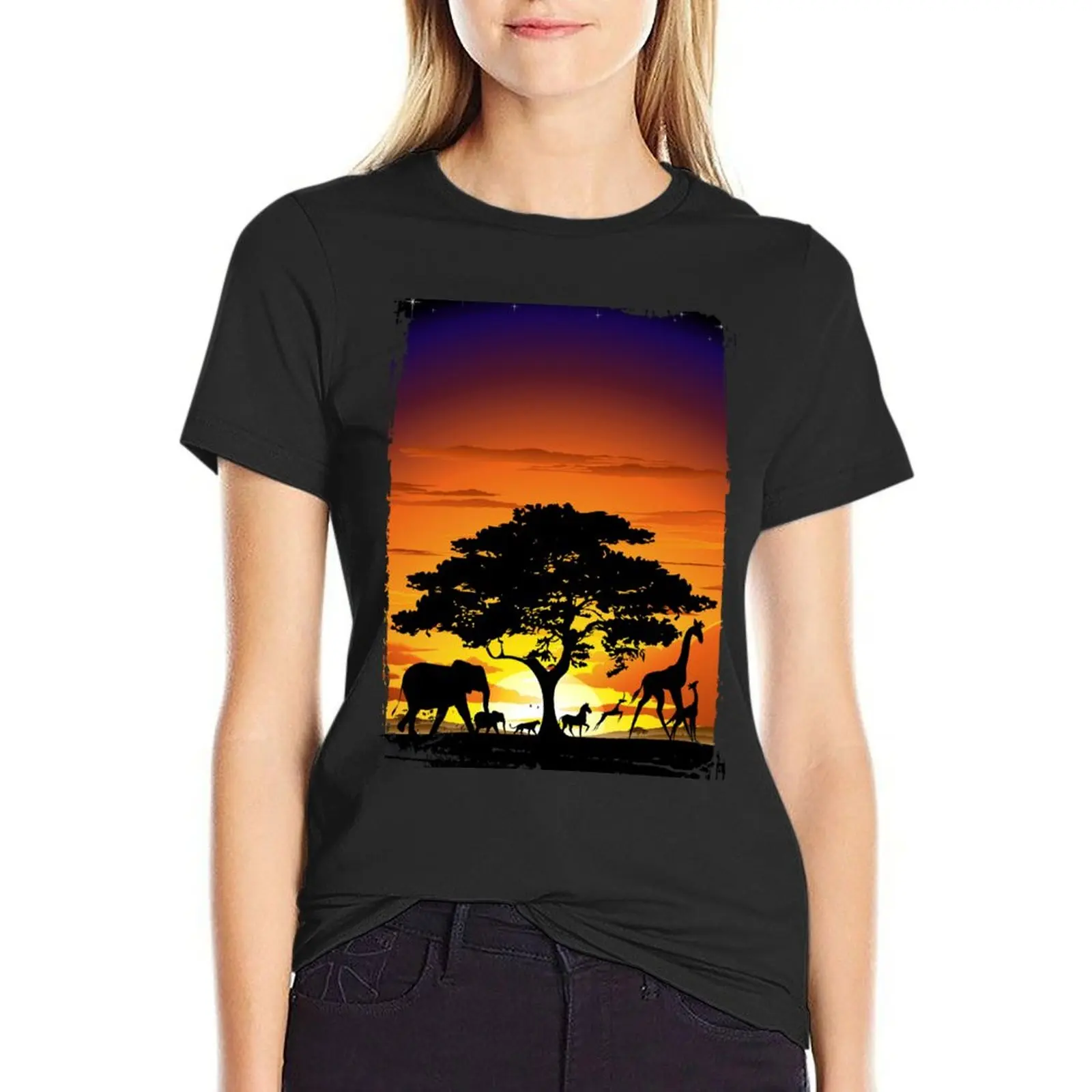 Wild Animals on African Savanna Sunset T-Shirt summer clothes sports fans tshirts for Women