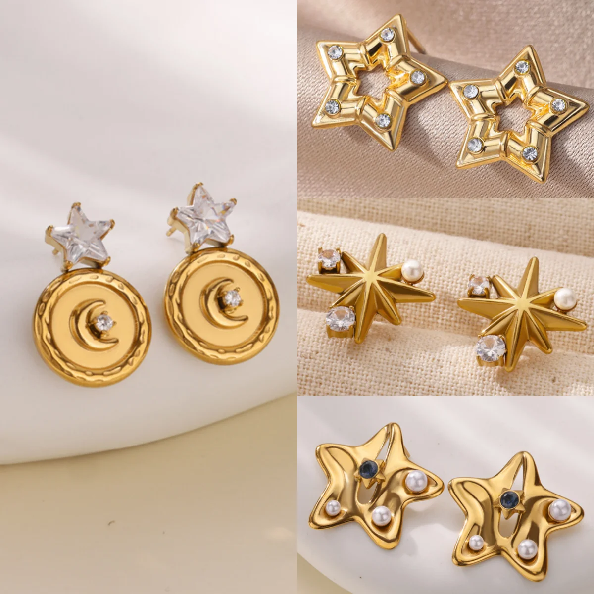 

10Pairs Star Moon Earrings for Women Stainless Steel Zirconia Imitation Pearl Party Earring Jewelry Gifts Wholesale bijoux acier