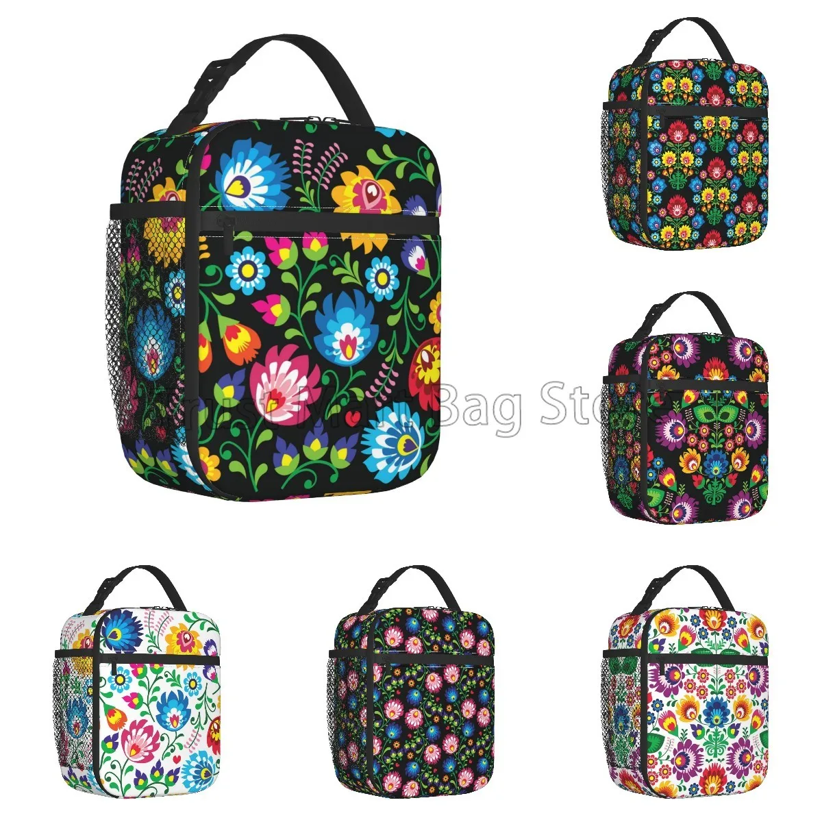 Poland Polish Floral Folk Art Flower Insulated Lunch Bag Reusable Portable Waterproof Lunch Box Thermal Oxford Bento Tote Bag