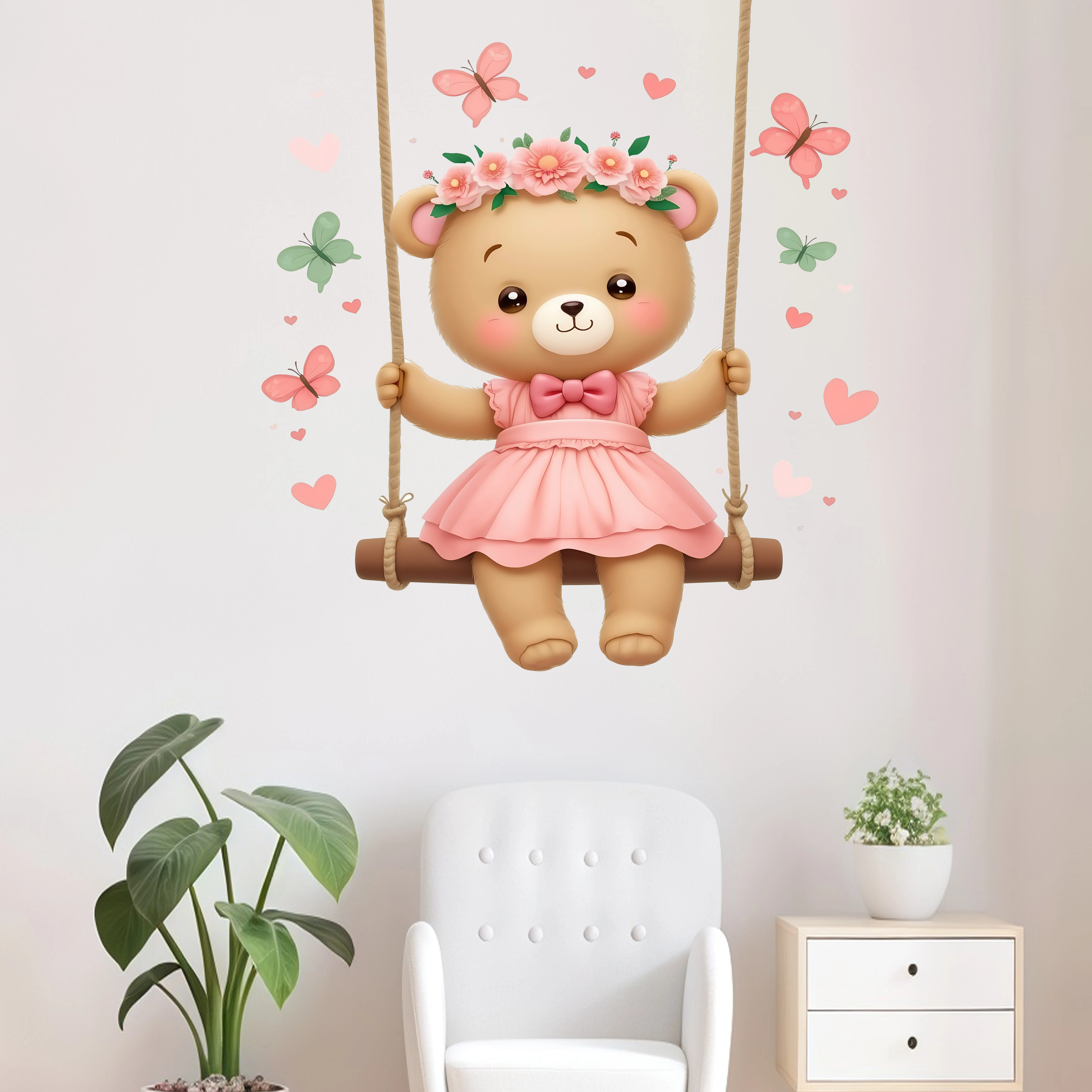 Pink Swing Bear Self-Adhesive Wall Stickers for Living Room Bedroom Bathroom Home Decor Vinyl Stickers Spring Decor Refresh Your