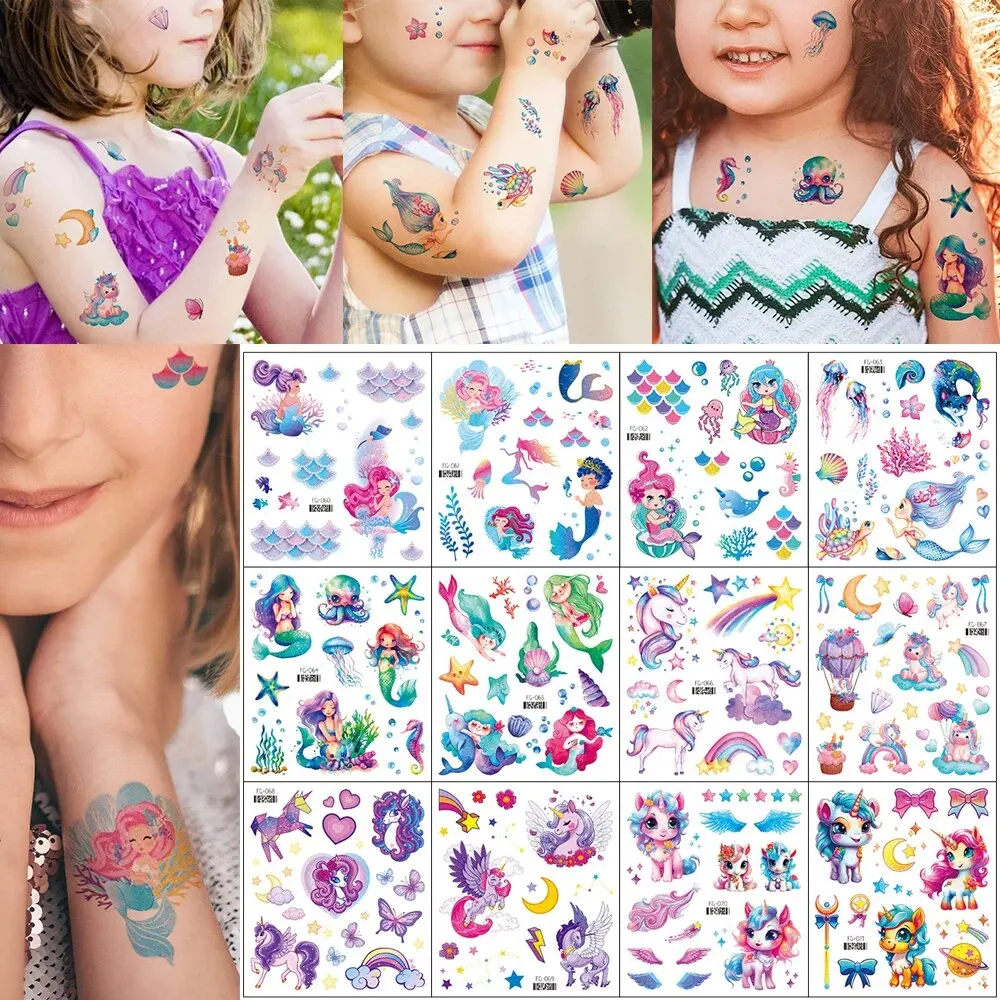 12pcs Glitter Mermaid Unicorn Waterproof Temporary Tattoo Sticker Cartoon Rainbow Flash Tatto For Kids Arm Body Art Fake Tattoos