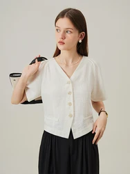 FSLE, camisas de verano con cuello en V y manga voladora para mujer, camisas con una botonadura, Beige, blanco, 10,1% lino, blusas cortas holgadas para mujer 24FS12355