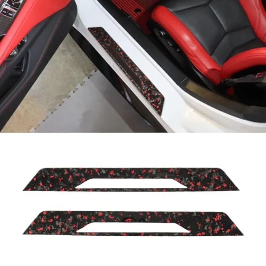 

Red Forged Style Real Carbon Fiber Inner Door Sill Protector Compatible with Corvette C8 2020-2026 Door Sill Plates Interior De
