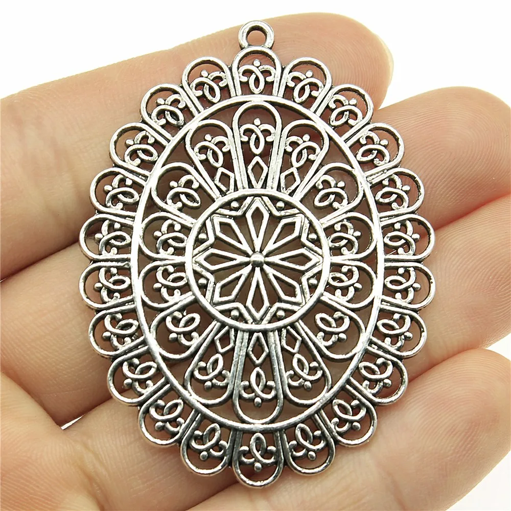 WYSIWYG 1pcs 59x44mm Antique Silver Color Hollow Flower-Shaped Charms Pendant For Jewelry Making