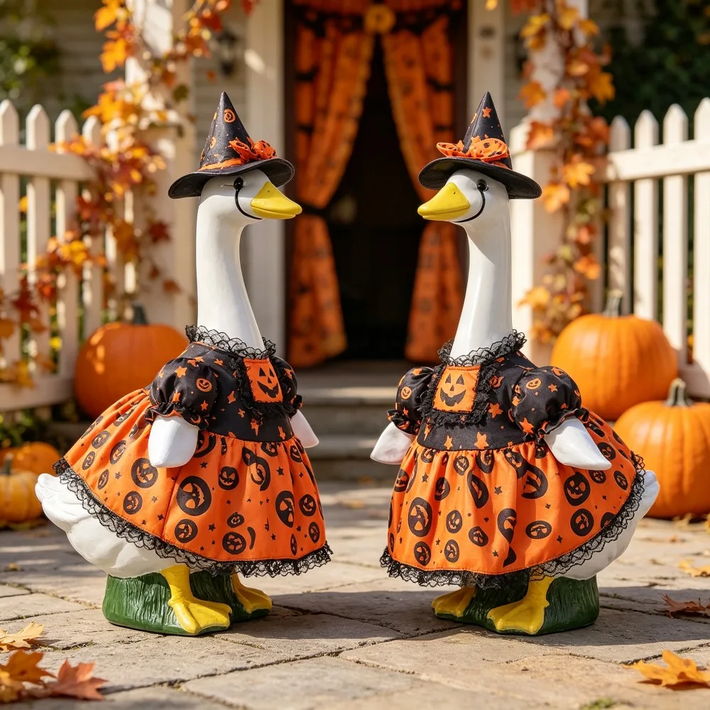 Halloween Pumpkin Witch Goose Costume Dress with Hat, Farmhouse Porch Yard Decor,Goose Statue Clothes Outfit, Goose Not Included