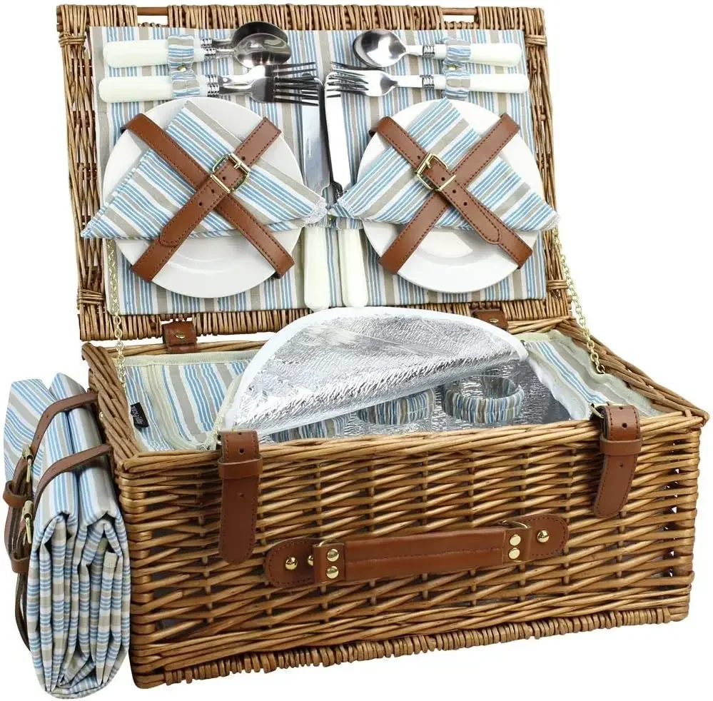 

HappyPicnic Wicker Picnic Basket Set for 4 Persons | Large Willow Hamper with Large Insulated Cooler Compartment,