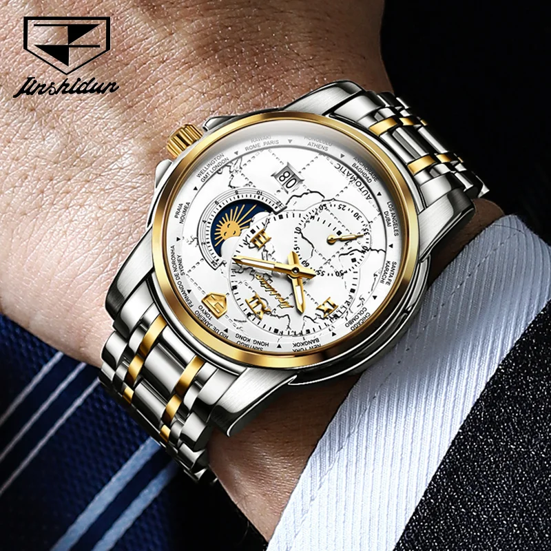ساعة ميكانيكية أوتوماتيكية فاخرة للرجال JSDUN ، متعددة الوظائف ، مرحلة القمر ، مقاومة للماء من الفولاذ المقاوم للصدأ ، التاريخ ،