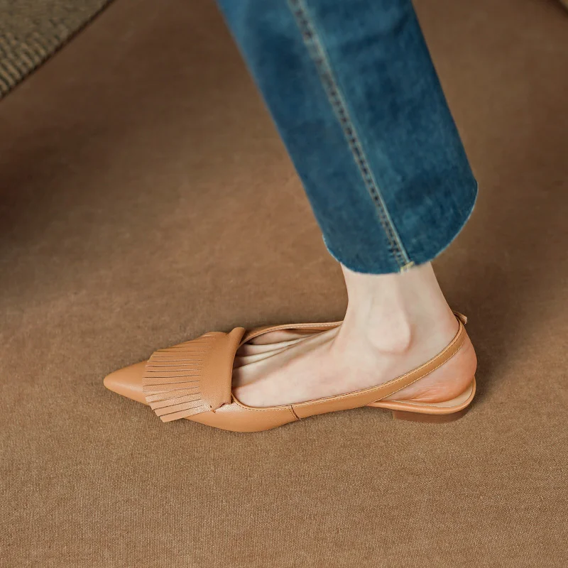 2024 Summer Sandals Shoes for Women Cover Toe Mules Casual Pointed Toe Chunky Heel Women Shoes Flat with Retro Genuine Leather